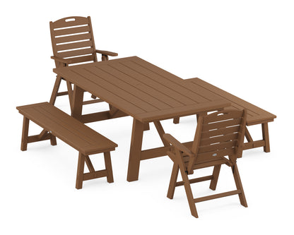 POLYWOOD® Nautical Folding Highback Chair 5-Piece Rustic Farmhouse Dining Set With Benches in Teak