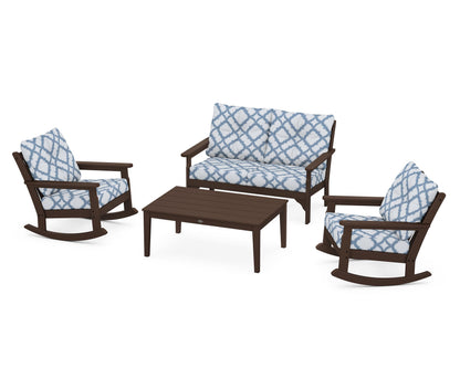POLYWOOD® Vineyard 4-Piece Deep Seating Rocking Chair Set in Mahogany / Trellis Sky Blue