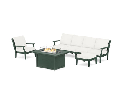 POLYWOOD® Braxton Sectional Lounge and Fire Pit Set in Green / Natural Linen