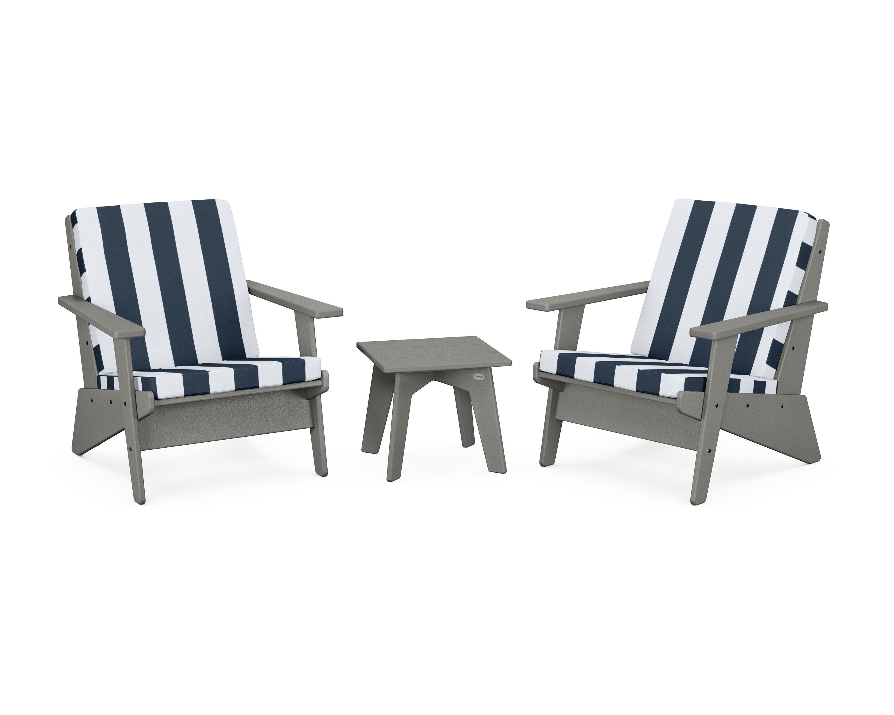 POLYWOOD® Riviera Modern Lounge 3-Piece Set in Slate Grey / Cabana Stripe Marine Indigo