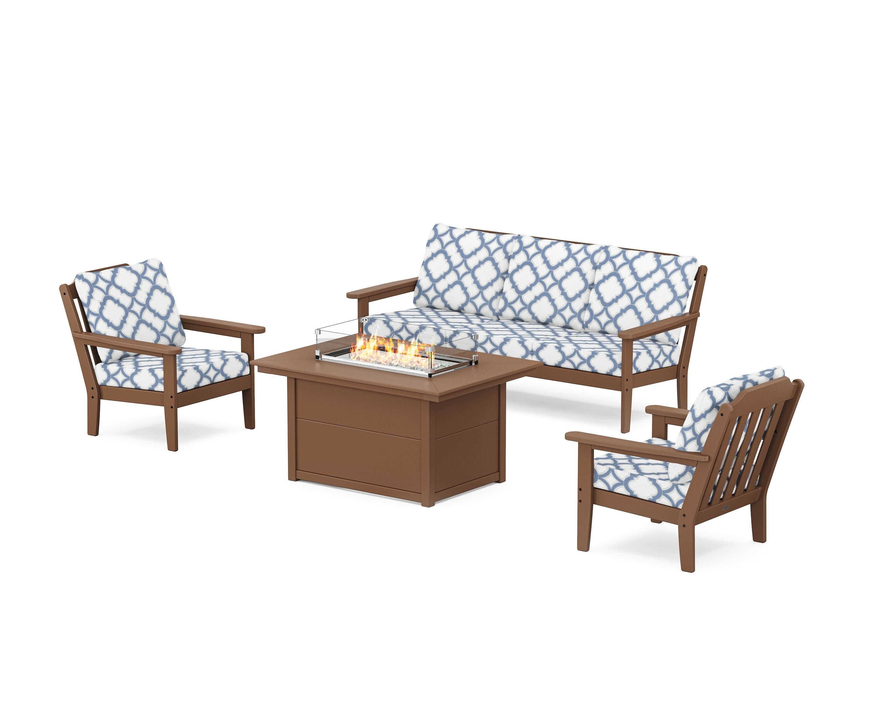 Country Living Cottage Deep Seating Fire Pit Table Set in Teak / Trellis Sky Blue