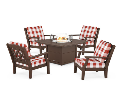 Martha Stewart by POLYWOOD® Chinoiserie 5-Piece Deep Seating Set with Fire Pit Table in Mahogany / Buffalo Plaid Crimson