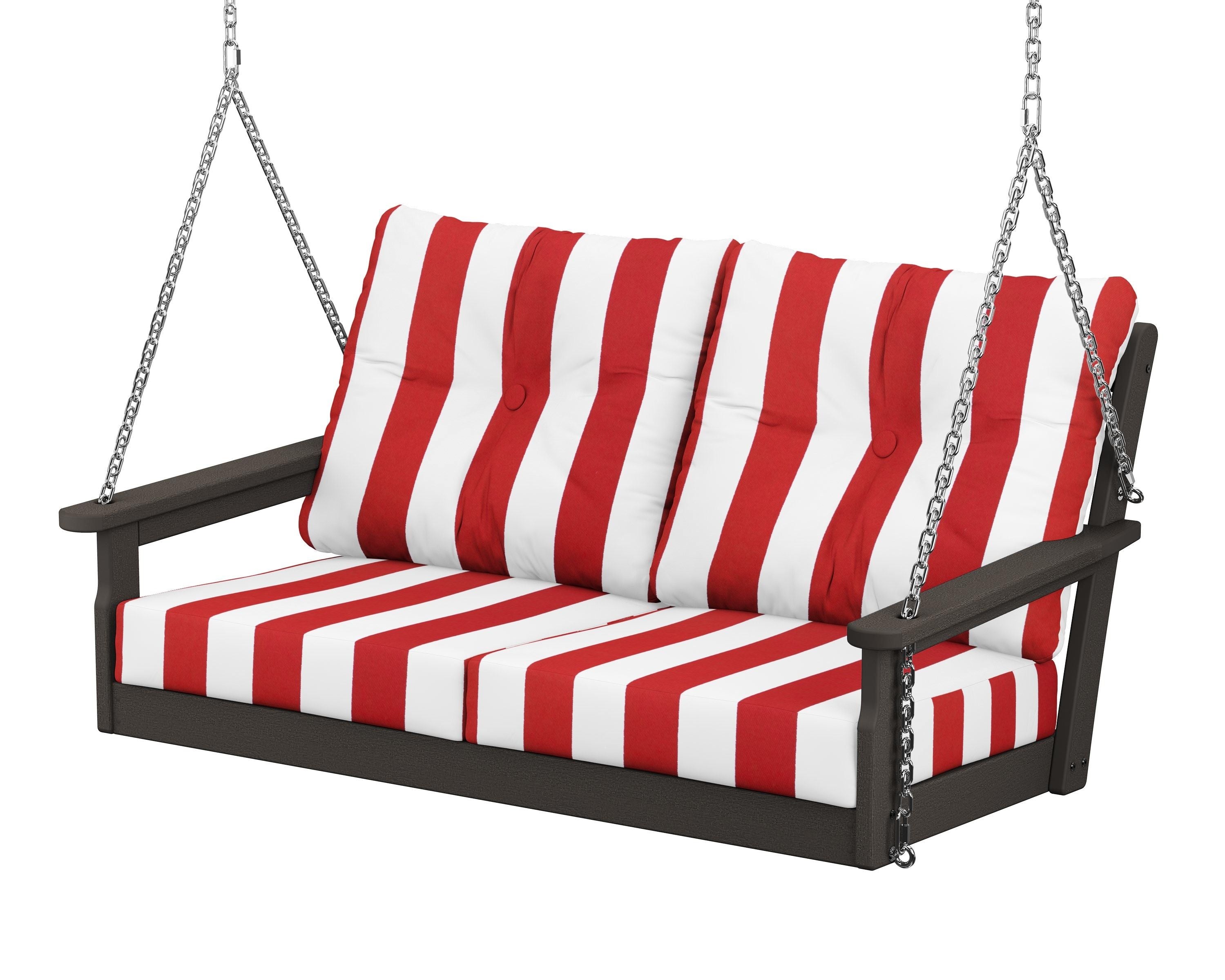 POLYWOOD® Vineyard Deep Seating Swing in Vintage Coffee / Cabana Stripe Crimson