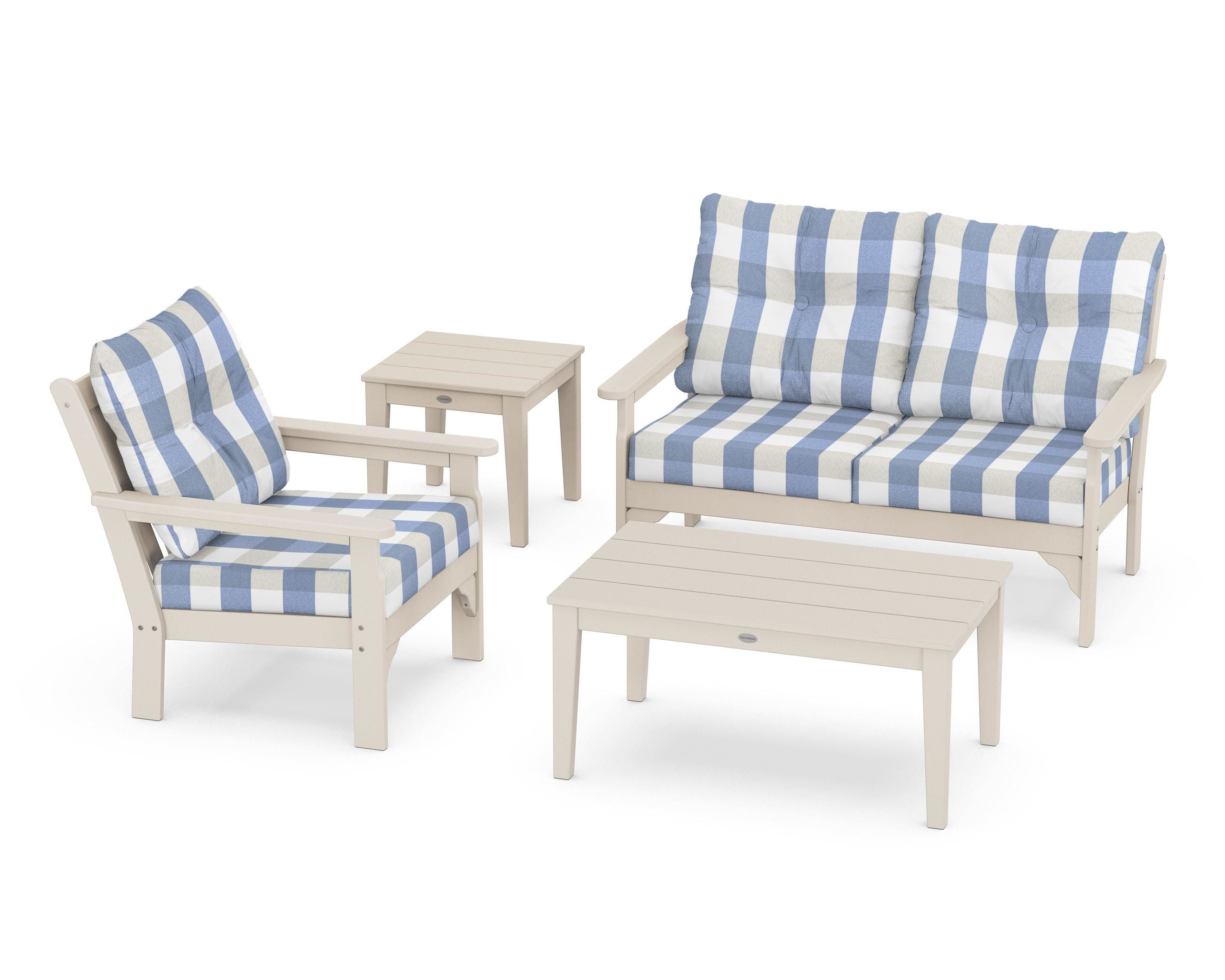 POLYWOOD® Vineyard 4-Piece Deep Seating Set in Sand / Buffalo Plaid Sky Blue