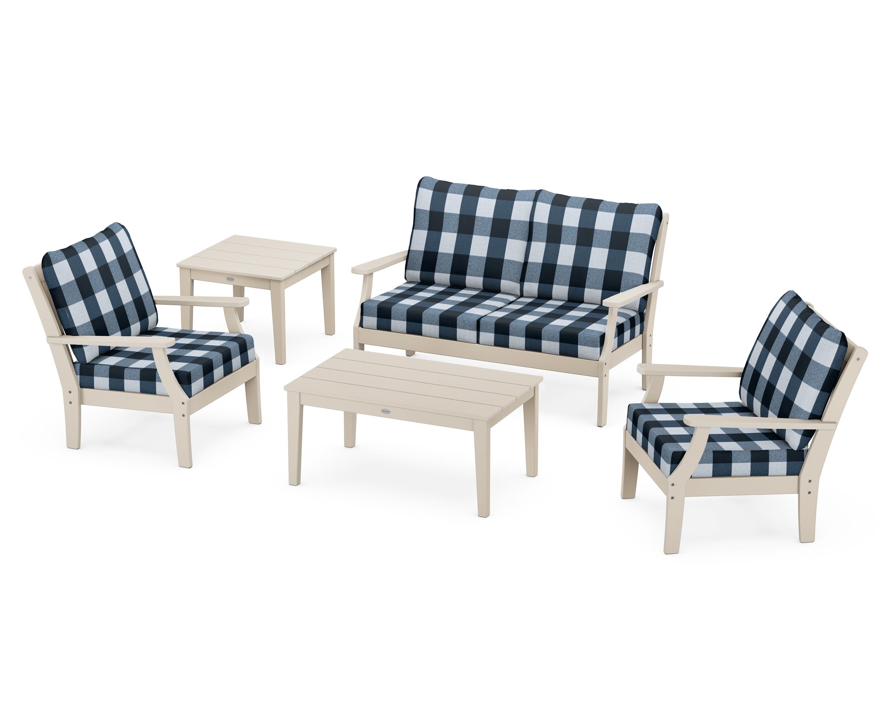 POLYWOOD® Braxton 5-Piece Deep Seating Set in Sand / Buffalo Plaid Marine Indigo