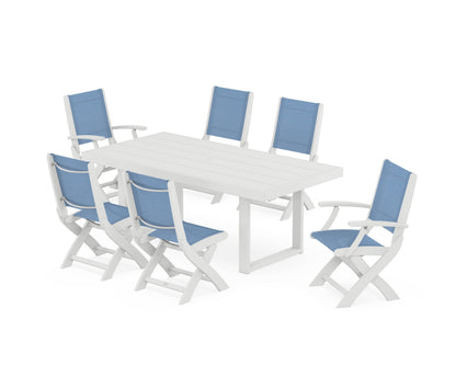 POLYWOOD® Coastal Folding Chair 7-Piece Dining Set with Trestle Legs in White / Poolside Sling