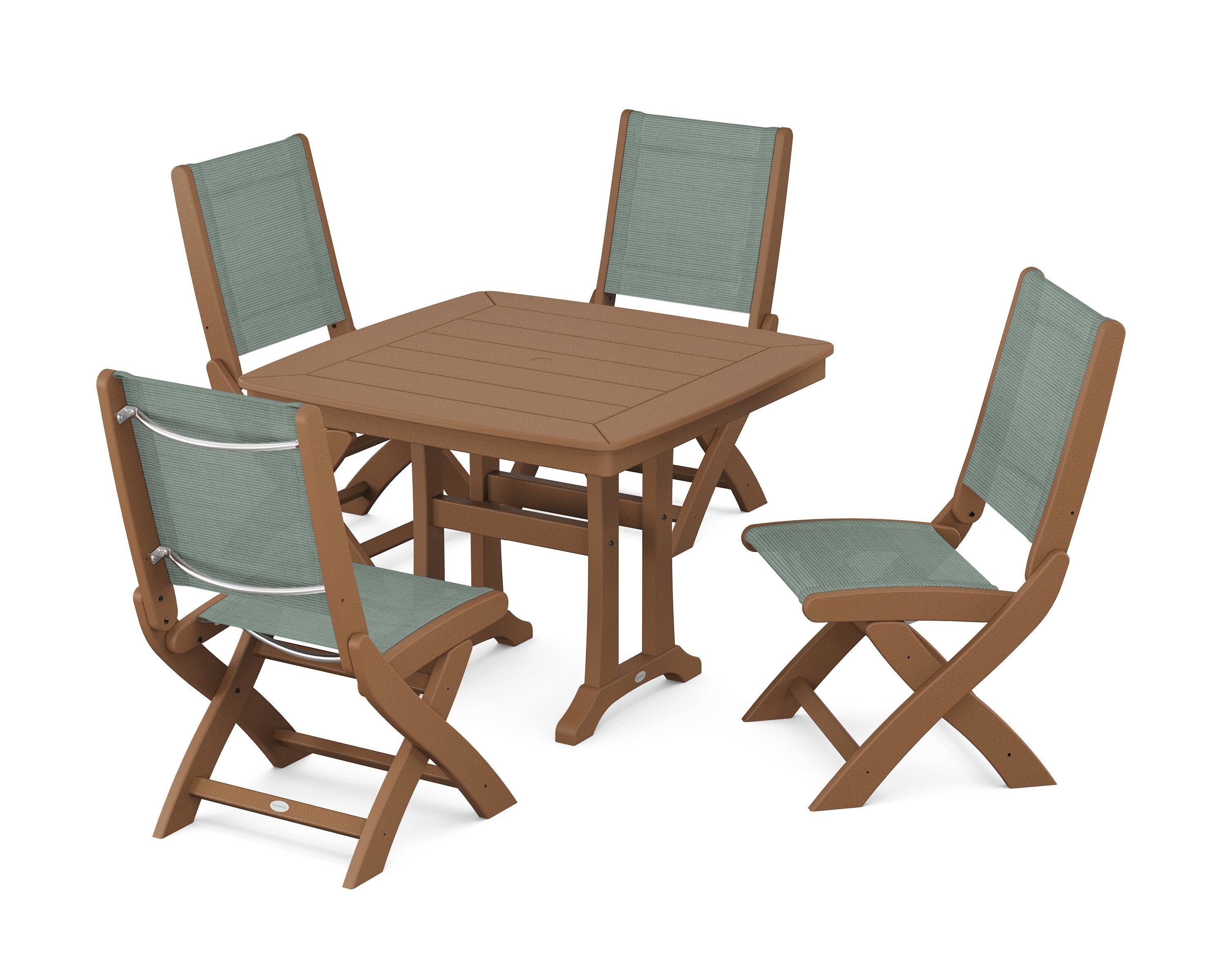 POLYWOOD® Coastal Folding Side Chair 5-Piece Dining Set with Trestle Legs in Teak / Dupioni Sea Mist Sling