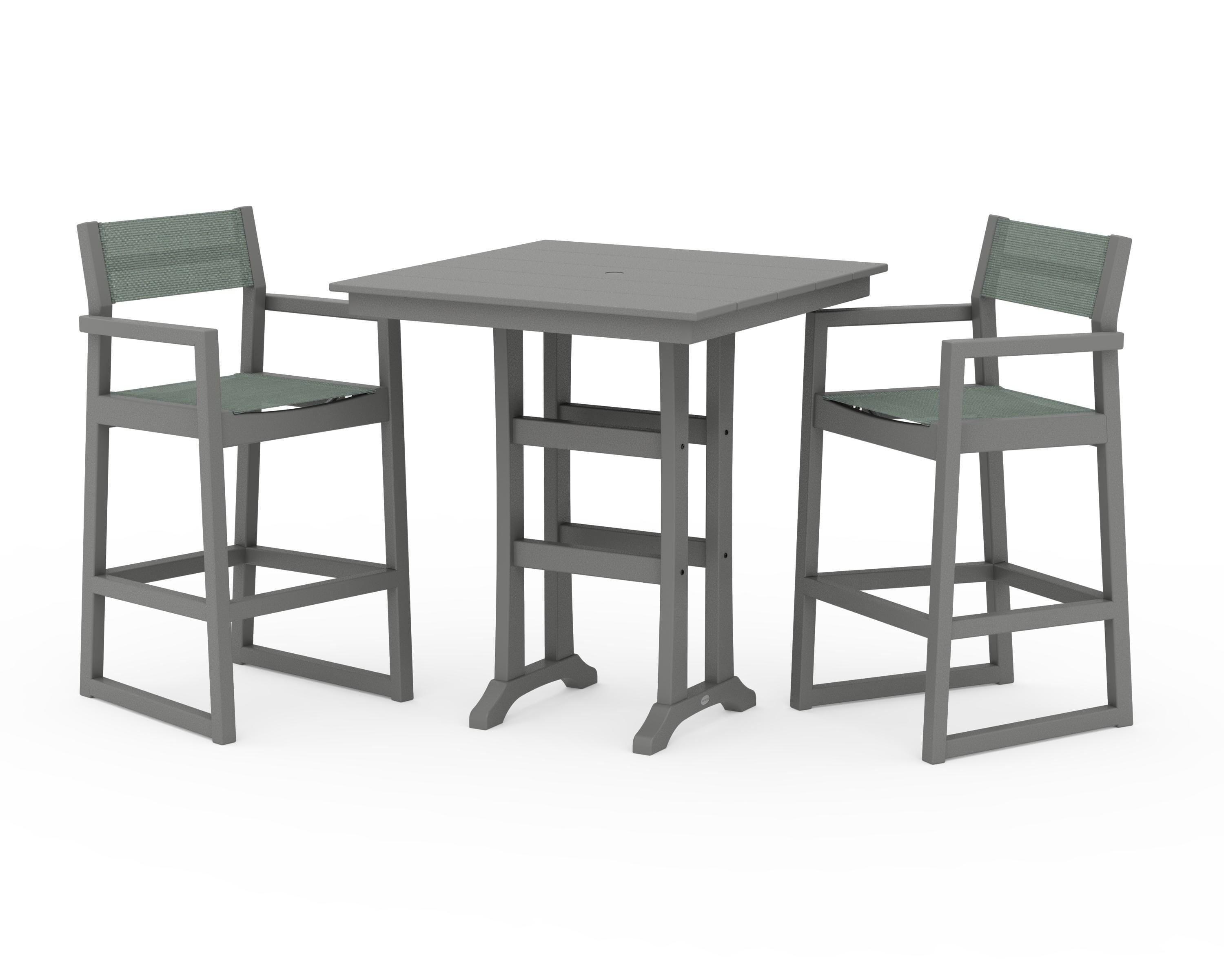 POLYWOOD® EDGE Sling Arm Chair 3-Piece Farmhouse Bar Set with Trestle Legs in Slate Grey / Dupioni Sea Mist Sling