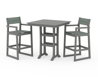 POLYWOOD® EDGE Sling Arm Chair 3-Piece Farmhouse Bar Set with Trestle Legs in Slate Grey / Dupioni Sea Mist Sling