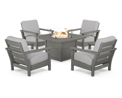 POLYWOOD® Harbour 5-Piece Conversation Set with Fire Pit Table in Slate Grey / Granite