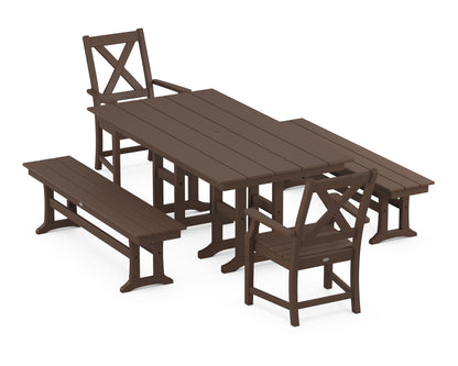 POLYWOOD® Braxton 5-Piece Farmhouse Dining Set with Benches in Mahogany