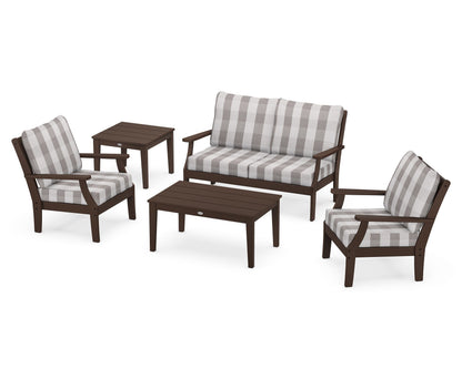 POLYWOOD® Braxton 5-Piece Deep Seating Set in Mahogany / Buffalo Plaid Grey Mist