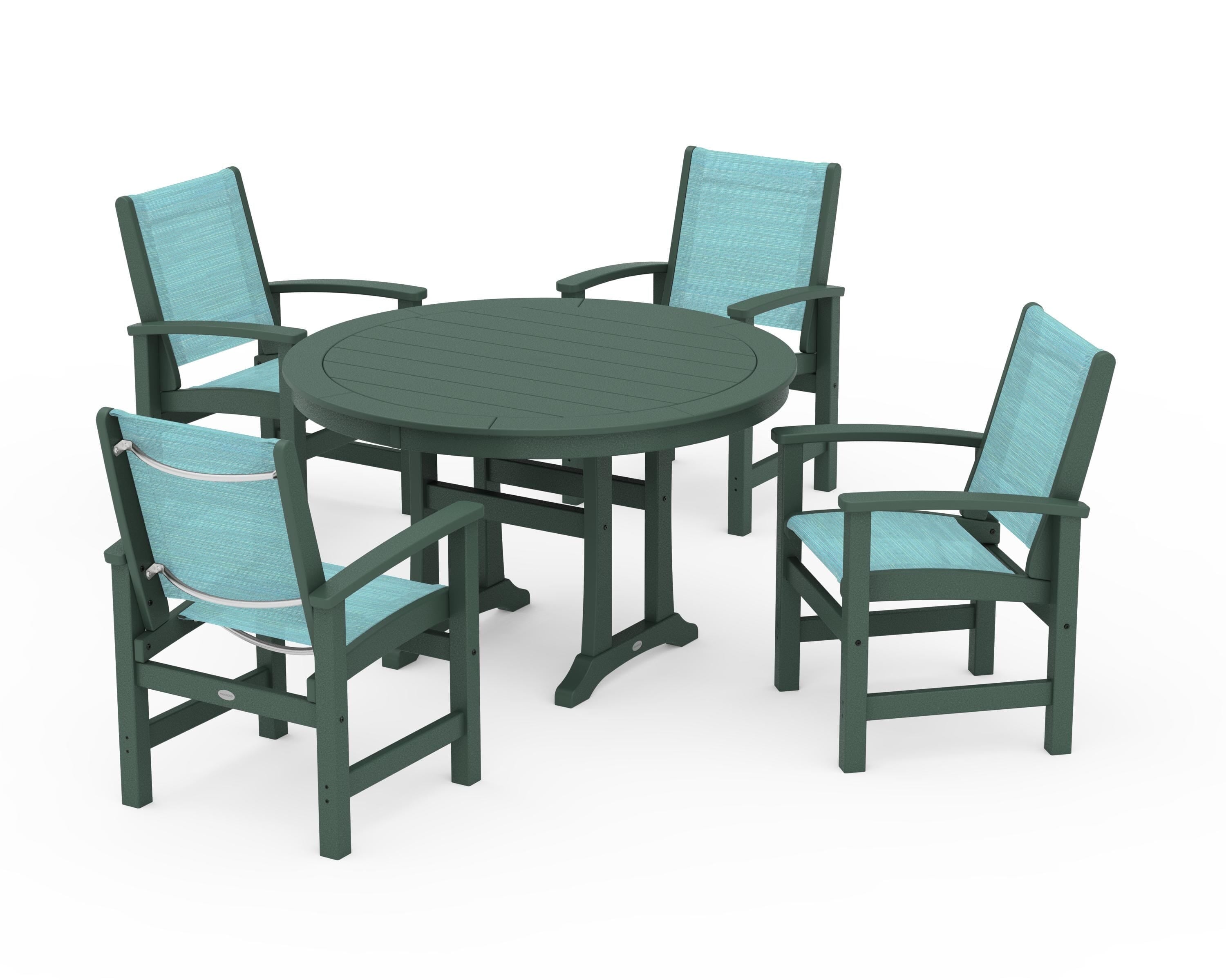 POLYWOOD® Coastal 5-Piece Round Dining Set with Trestle Legs in Green / Dupioni Aquamarine Sling