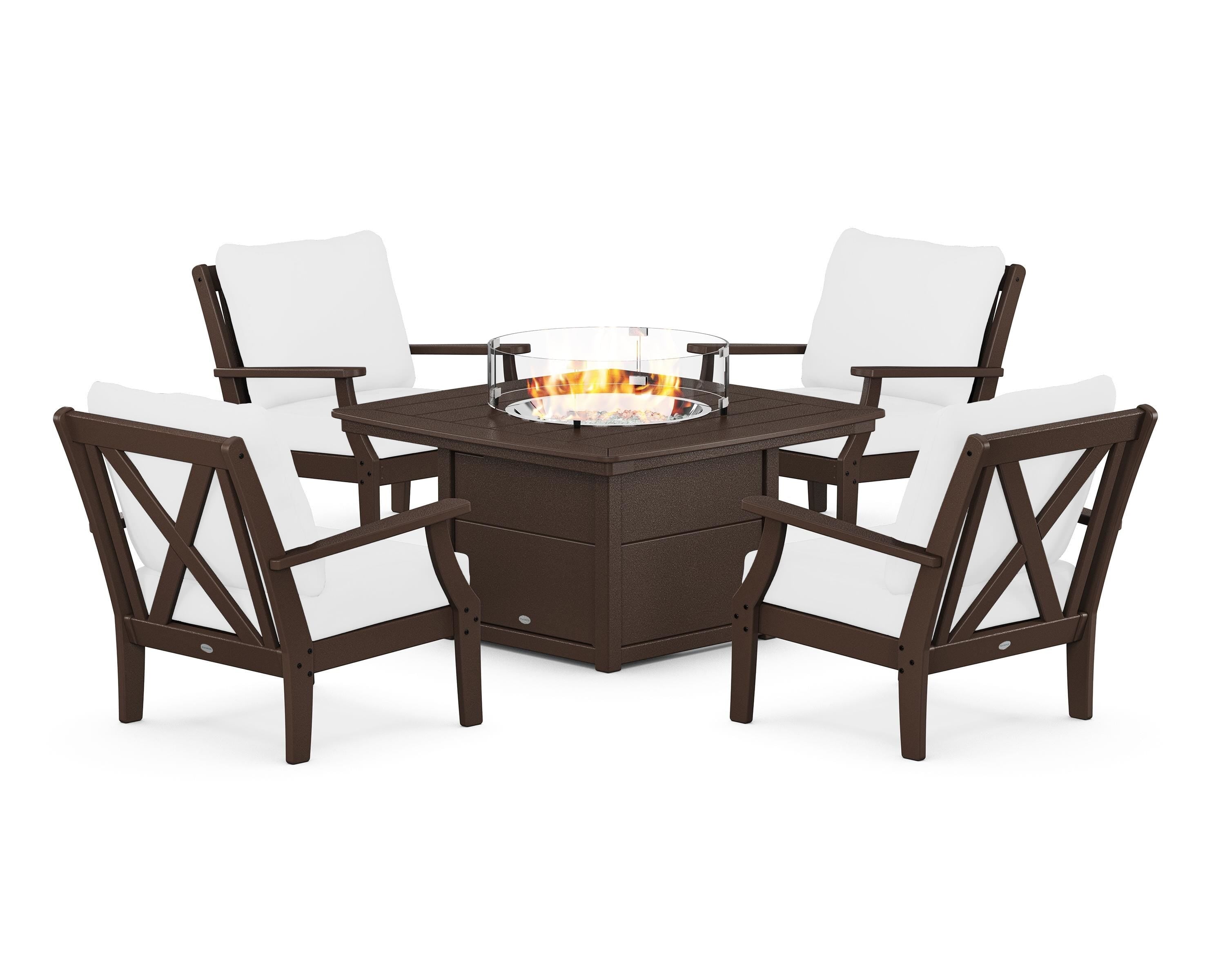 POLYWOOD® Braxton 5-Piece Deep Seating Conversation Set with Fire Pit Table in Mahogany / Natural