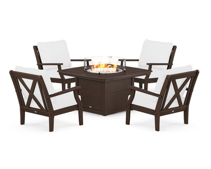 POLYWOOD® Braxton 5-Piece Deep Seating Conversation Set with Fire Pit Table in Mahogany / Natural