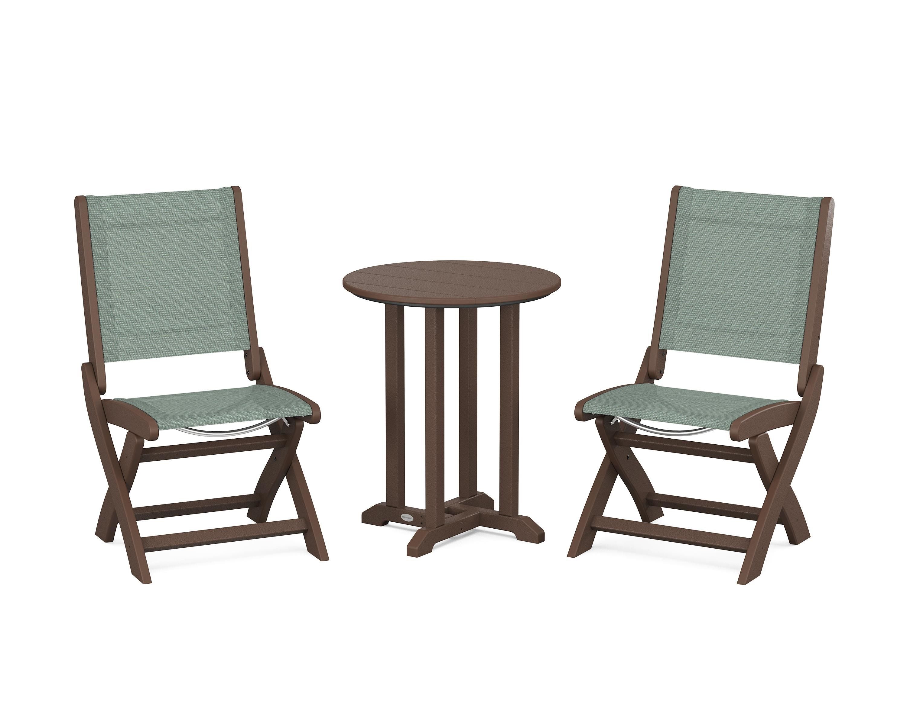 POLYWOOD® Coastal Folding Side Chair 3-Piece Round Bistro Dining Set in Mahogany / Dupioni Sea Mist Sling