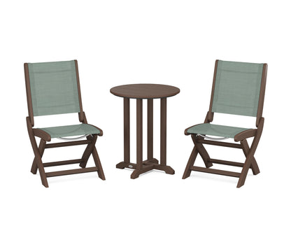 POLYWOOD® Coastal Folding Side Chair 3-Piece Round Bistro Dining Set in Mahogany / Dupioni Sea Mist Sling