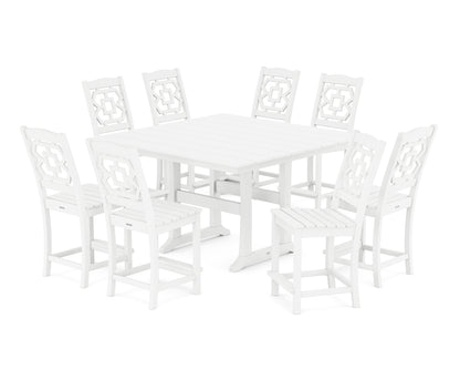 Martha Stewart by POLYWOOD® Chinoiserie 9-Piece Square Farmhouse Side Chair Counter Set with Trestle Legs in White