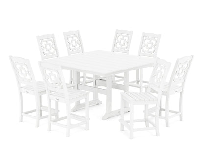 Chinoiserie 9-Piece Square Farmhouse Side Chair Counter Set with Trestle Legs