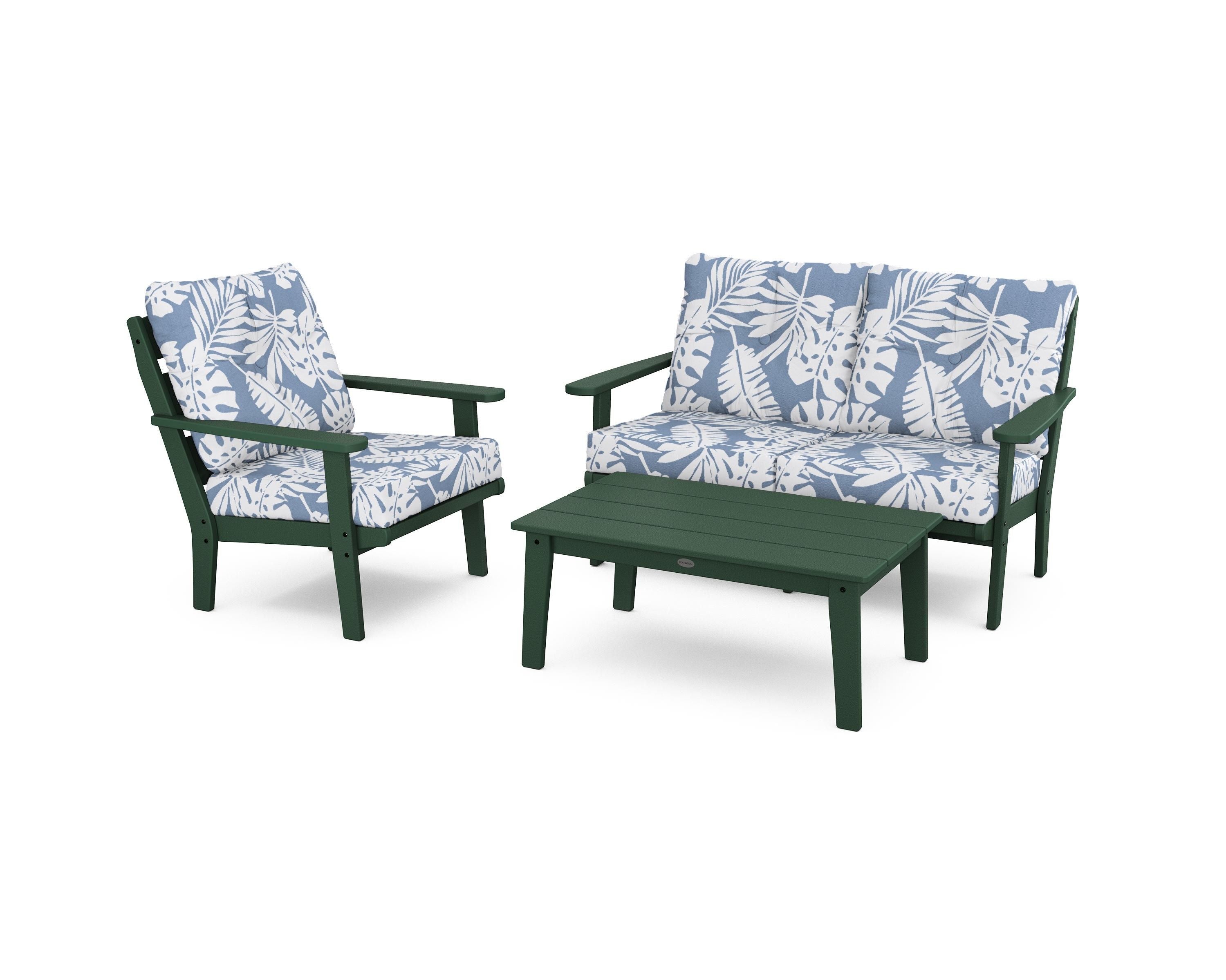 POLYWOOD® Lakeside 3-Piece Deep Seating Set in Green / Leaf Sky Blue