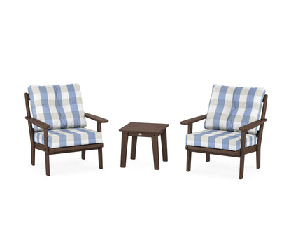 POLYWOOD® Mission 3-Piece Deep Seating Set in Mahogany / Buffalo Plaid Sky Blue