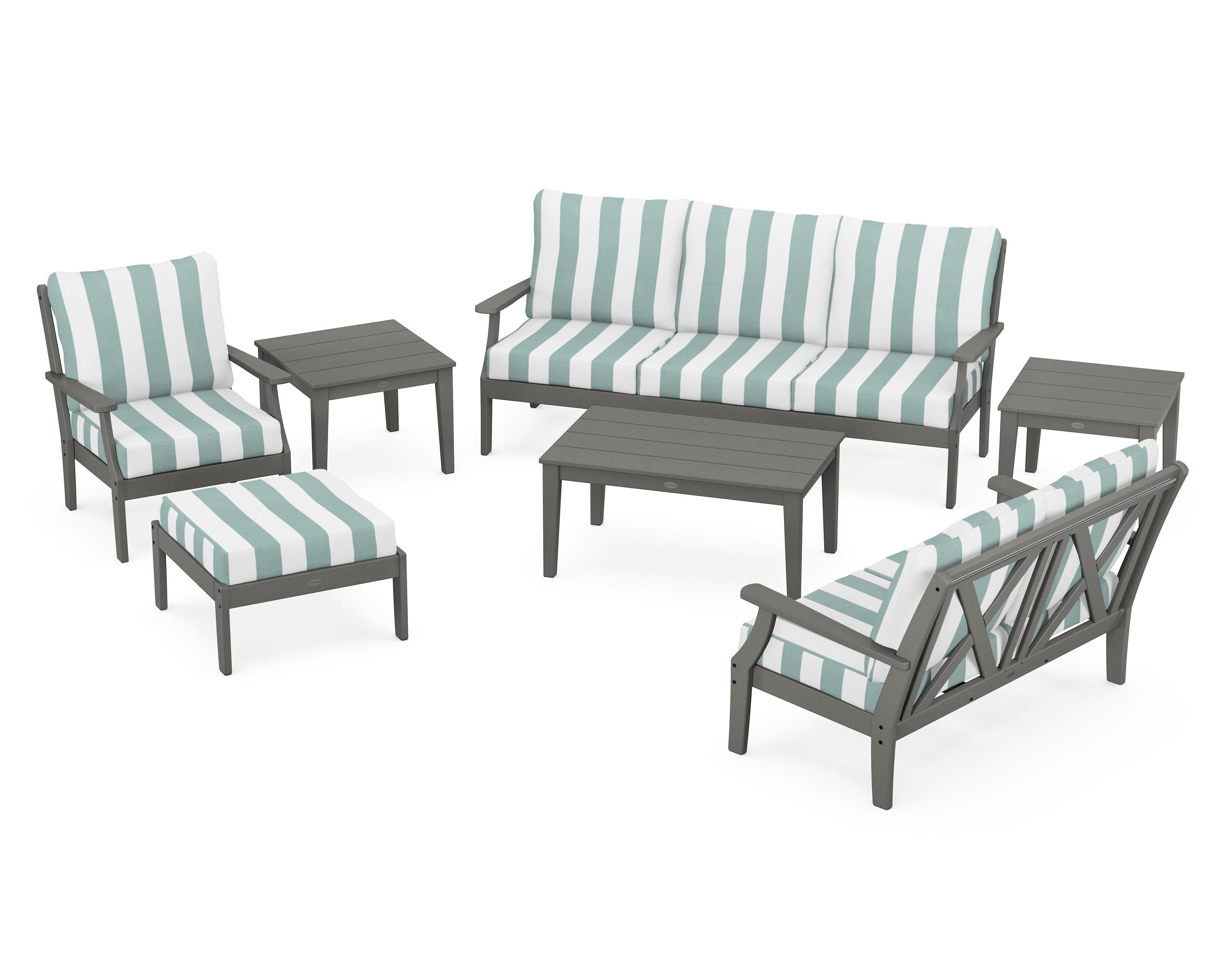 POLYWOOD® Braxton 7-Piece Deep Seating Set in Slate Grey / Cabana Stripe Glacier Spa