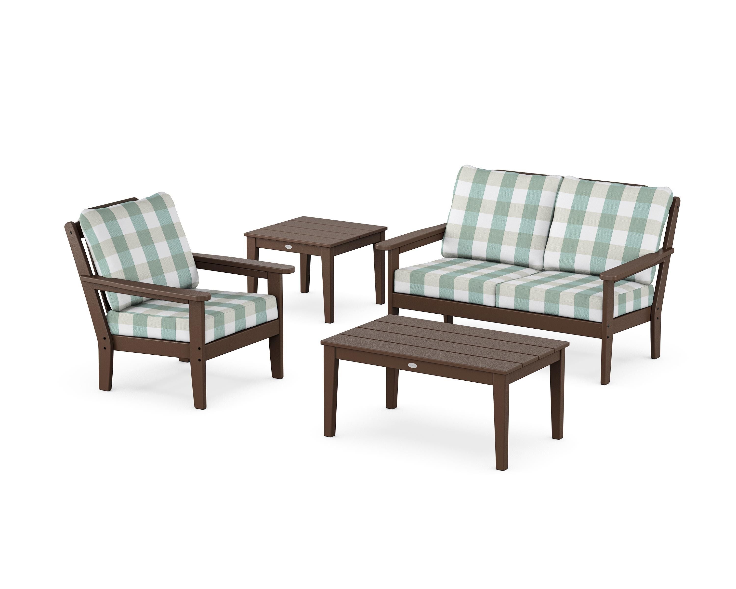 Country Living Wovendale 4-Piece Deep Seating Set in Mahogany / Buffalo Plaid Glacier Spa