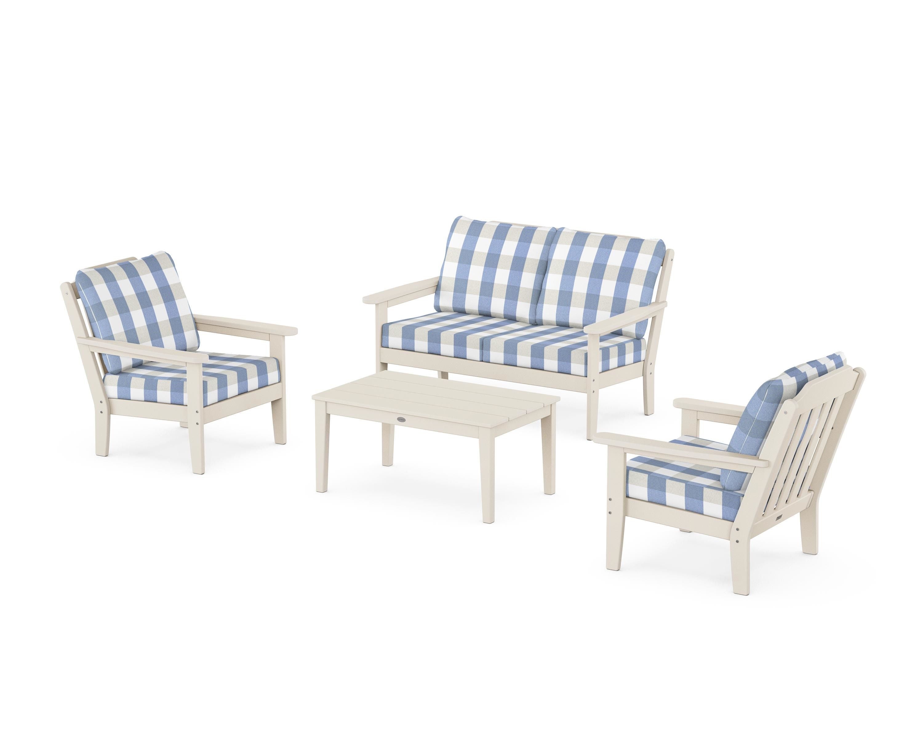 Country Living Cottage 4-Piece Deep Seating Set with Loveseat in Sand / Buffalo Plaid Sky Blue