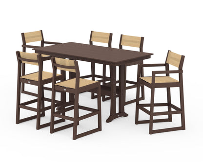 POLYWOOD® EDGE Sling 7-Piece Farmhouse Bar Set with Trestle Legs in Mahogany / Dupioni Apricot Sling