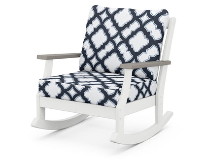 POLYWOOD® Braxton Deep Seating Rocking Chair in White / Driftwood / Trellis Marine Indigo