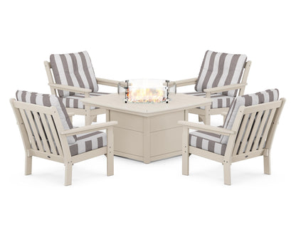 POLYWOOD® Vineyard 5-Piece Conversation Set with Fire Pit Table in Sand / Cabana Stripe Grey Mist