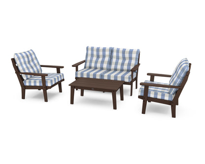 POLYWOOD® Lakeside 4-Piece Deep Seating Set in Mahogany / Buffalo Plaid Sky Blue