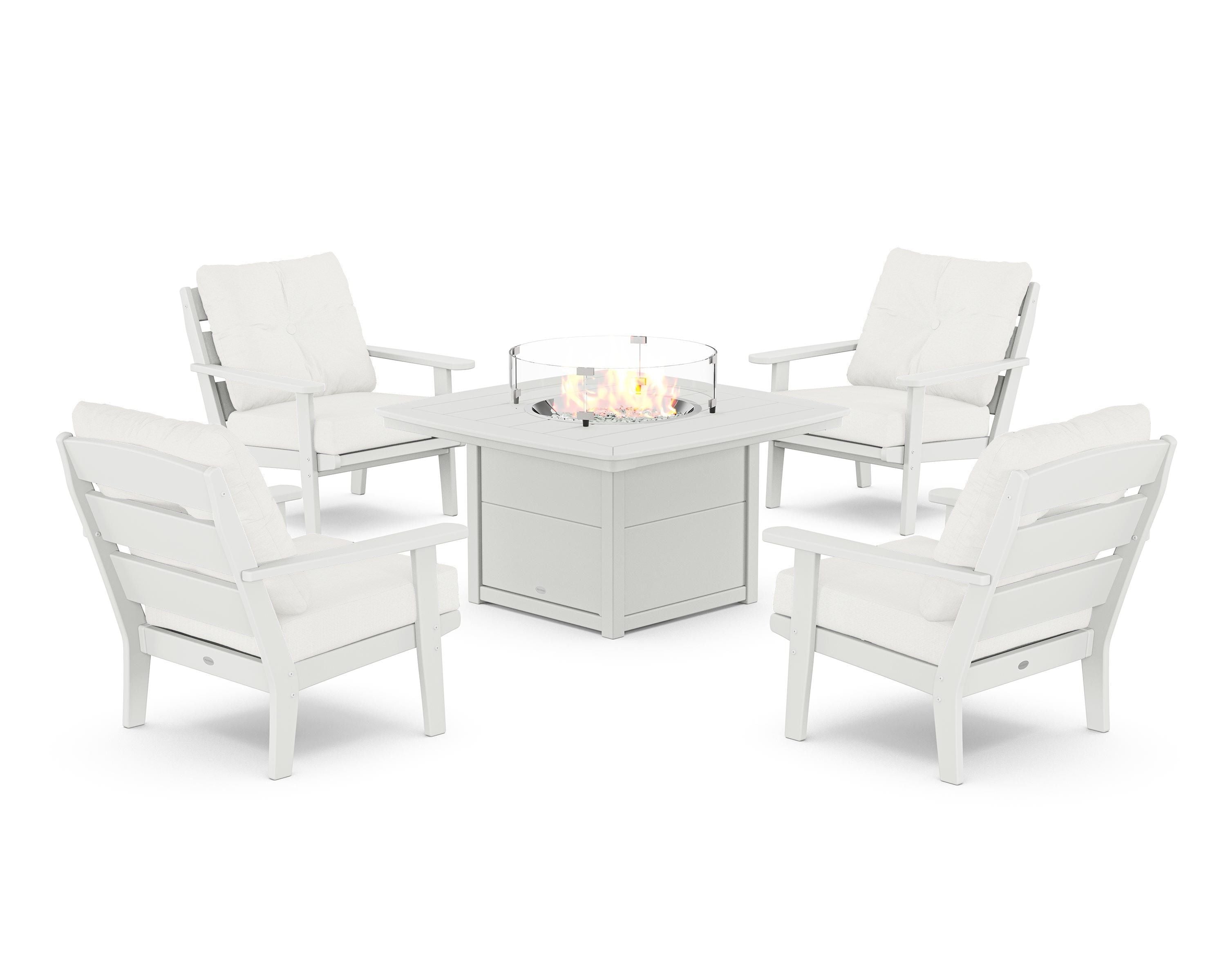 POLYWOOD® Lakeside 5-Piece Deep Seating Set with Nautical Fire Pit Table in White / Natural Linen