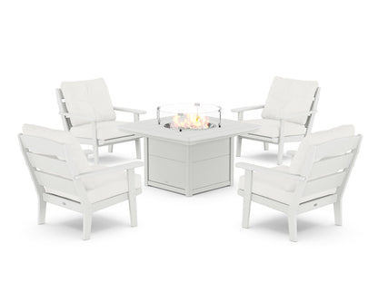 POLYWOOD® Lakeside 5-Piece Deep Seating Set with Nautical Fire Pit Table in White / Natural Linen