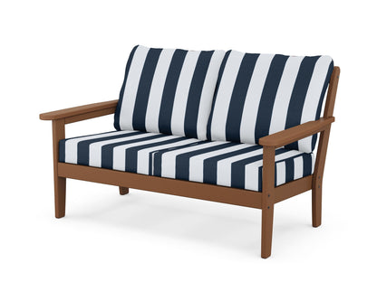 Country Living Cottage Deep Seating Loveseat in Teak / Cabana Stripe Marine Indigo