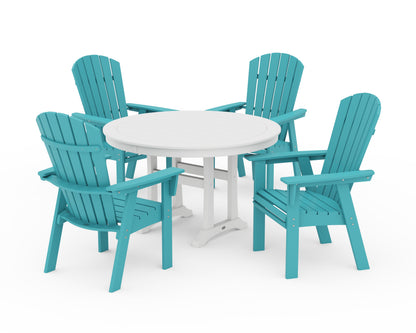 POLYWOOD® Nautical Curveback Adirondack 5-Piece Round Dining Set with Trestle Legs in Aruba / White