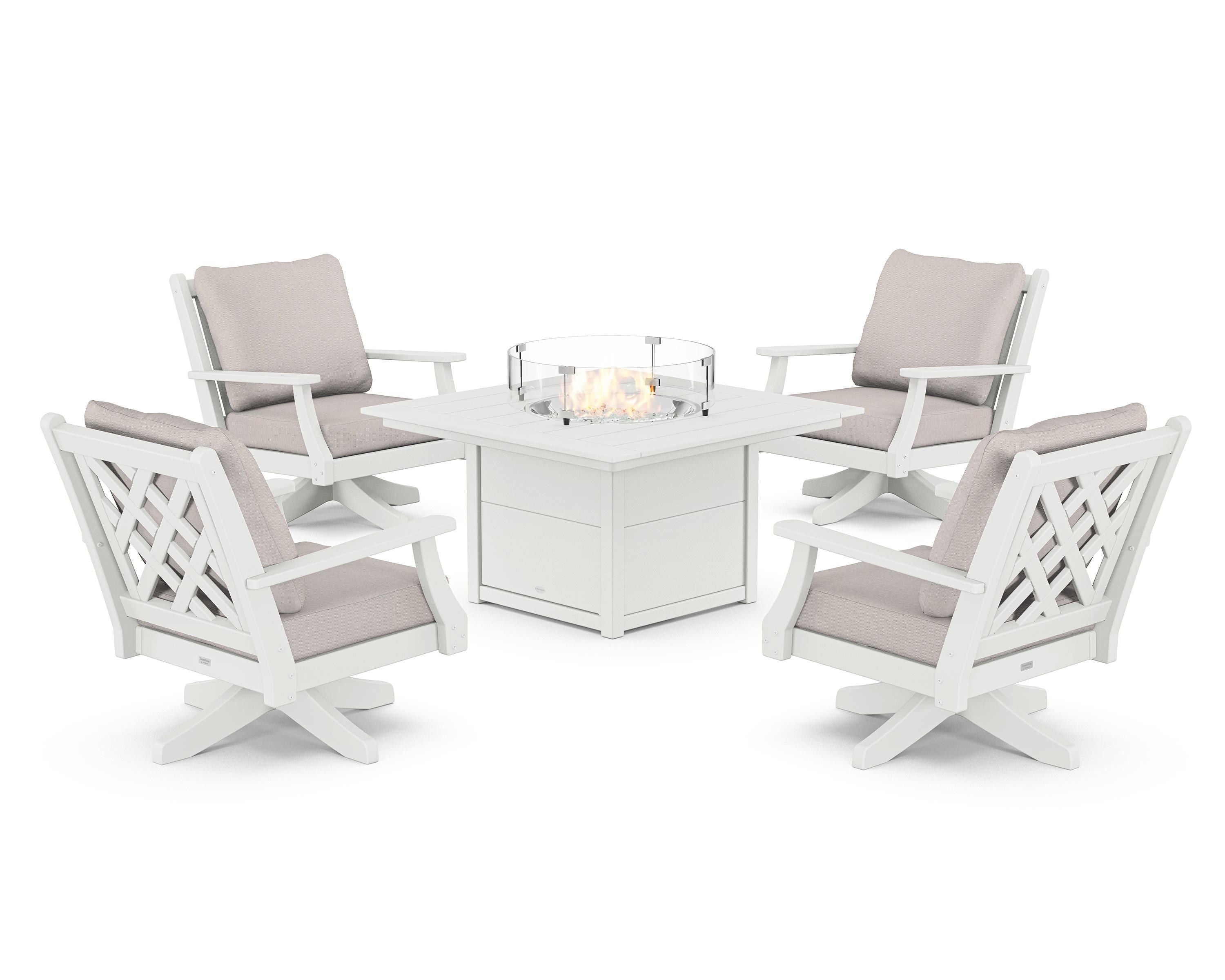 Country Living Wovendale 5-Piece Deep Seating Swivel Conversation Set with Fire Pit Table in White / Dune Burlap