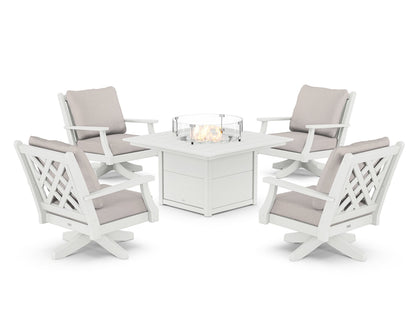 Country Living Wovendale 5-Piece Deep Seating Swivel Conversation Set with Fire Pit Table in White / Dune Burlap