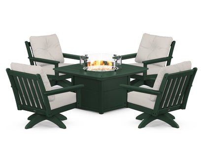 POLYWOOD® Vineyard 5-Piece Deep Seating Swivel Conversation Set with Fire Pit Table in Green / Cast Ash
