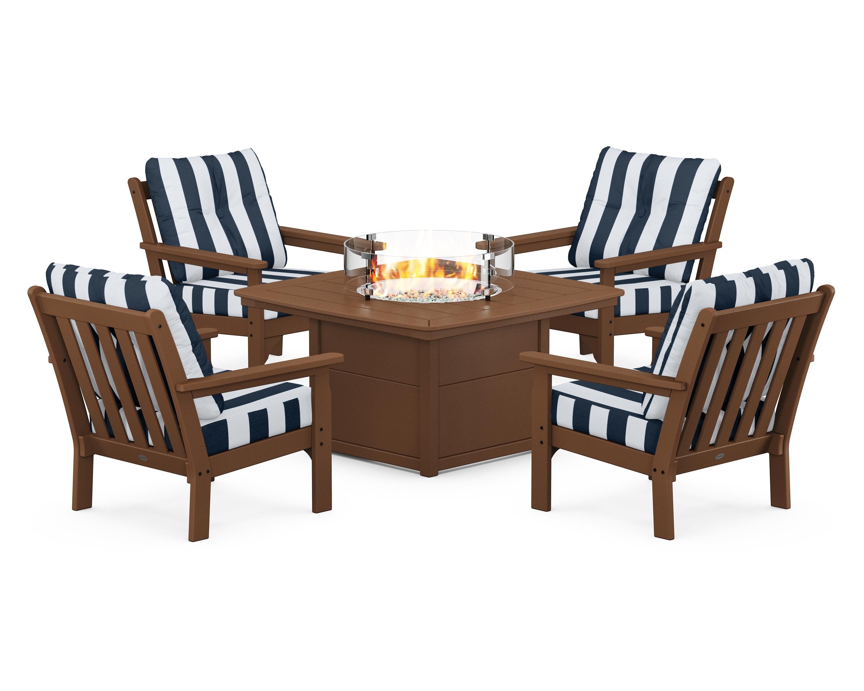 POLYWOOD® Vineyard 5-Piece Conversation Set with Fire Pit Table in Teak / Cabana Stripe Marine Indigo
