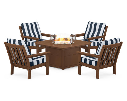 POLYWOOD® Vineyard 5-Piece Conversation Set with Fire Pit Table in Teak / Cabana Stripe Marine Indigo