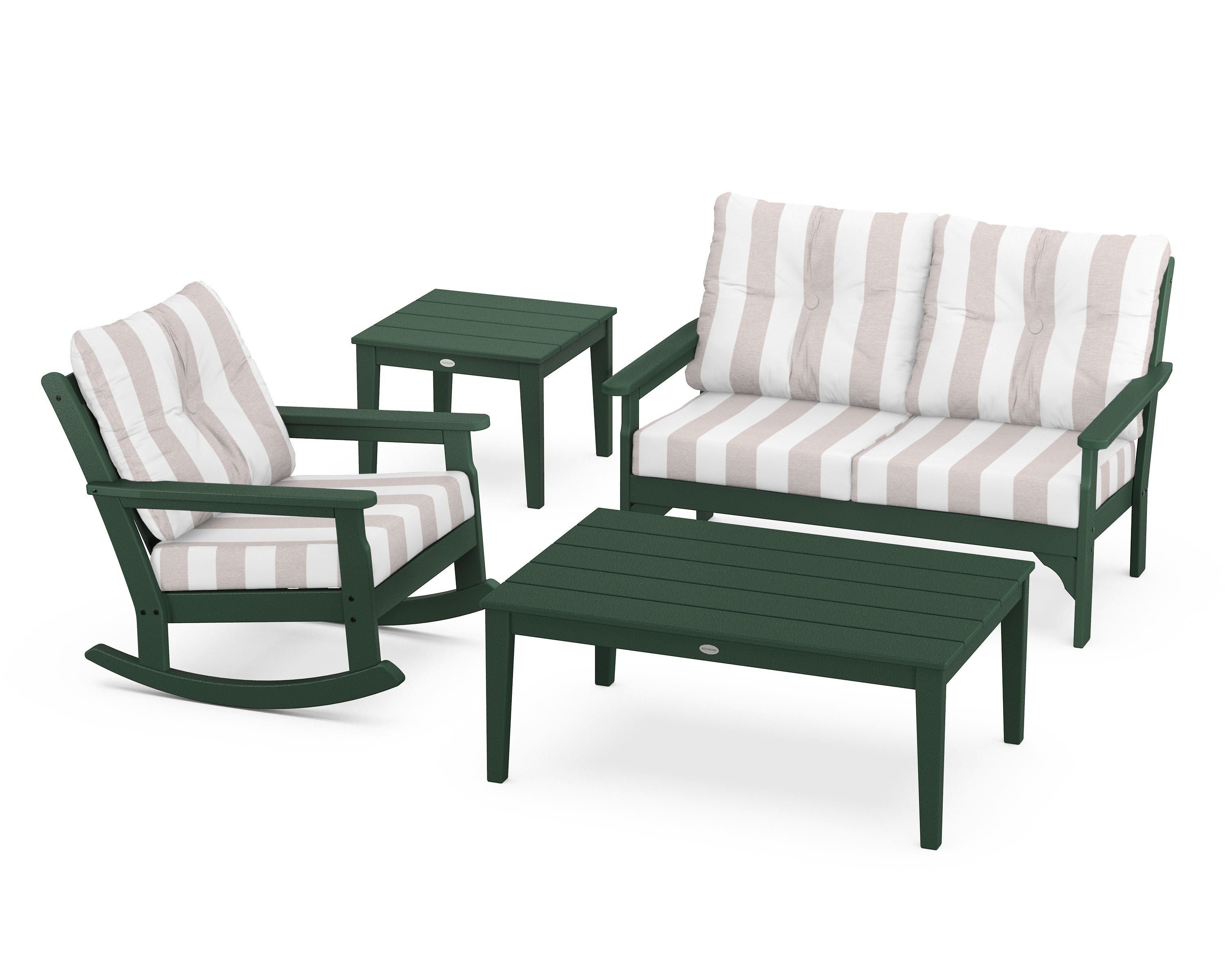 POLYWOOD® Vineyard 4-Piece Deep Seating Rocker Set in Green / Cabana Stripe Dune Burlap