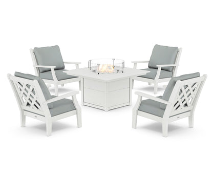 Country Living Wovendale 5-Piece Deep Seating Set with Fire Pit Table in White / Spa