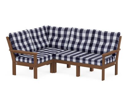 POLYWOOD® Vineyard 4-Piece Sectional in Teak / Buffalo Plaid Navy