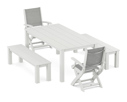 POLYWOOD® Coastal Folding Chair 5-Piece Parsons Dining Set with Benches in White / Metallic Sling