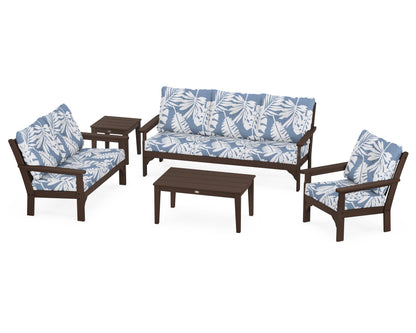 POLYWOOD® Vineyard 5 Piece Deep Seating Set in Mahogany / Leaf Sky Blue