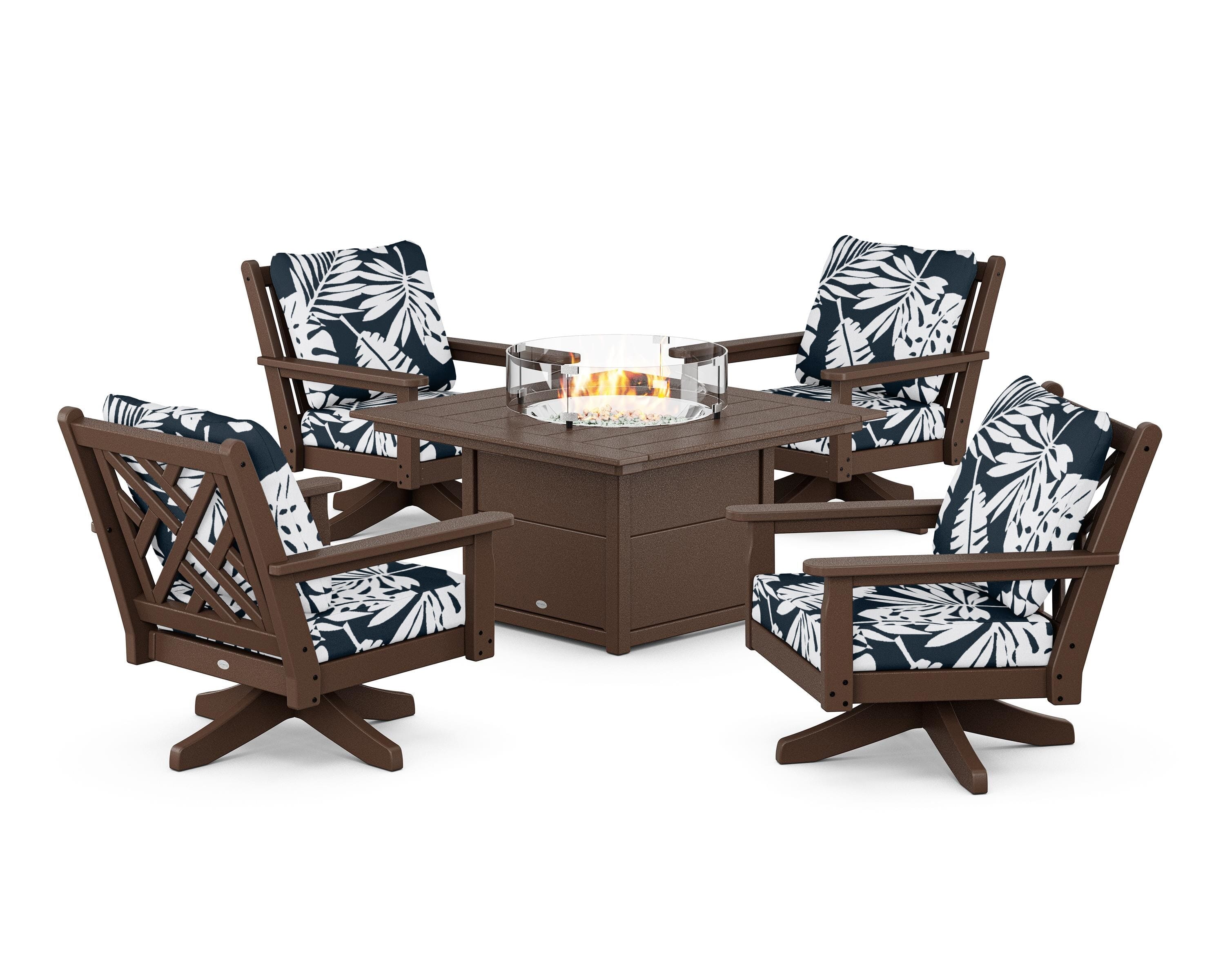 POLYWOOD® Chippendale 5-Piece Deep Seating Swivel Conversation Set with Fire Pit Table in Mahogany / Leaf Marine Indigo