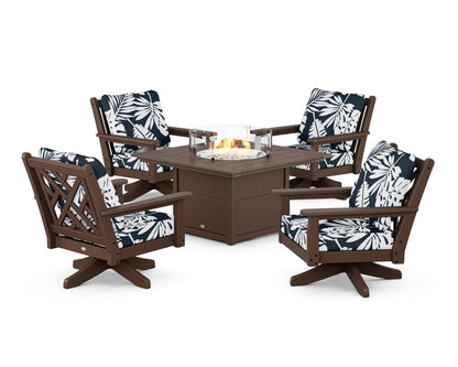 POLYWOOD® Chippendale 5-Piece Deep Seating Swivel Conversation Set with Fire Pit Table in Mahogany / Leaf Marine Indigo