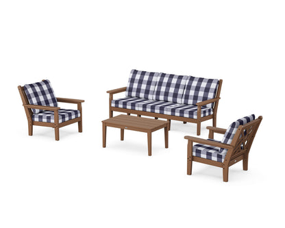 POLYWOOD® Chippendale 4-Piece Deep Seating Set with Sofa in Teak / Buffalo Plaid Navy