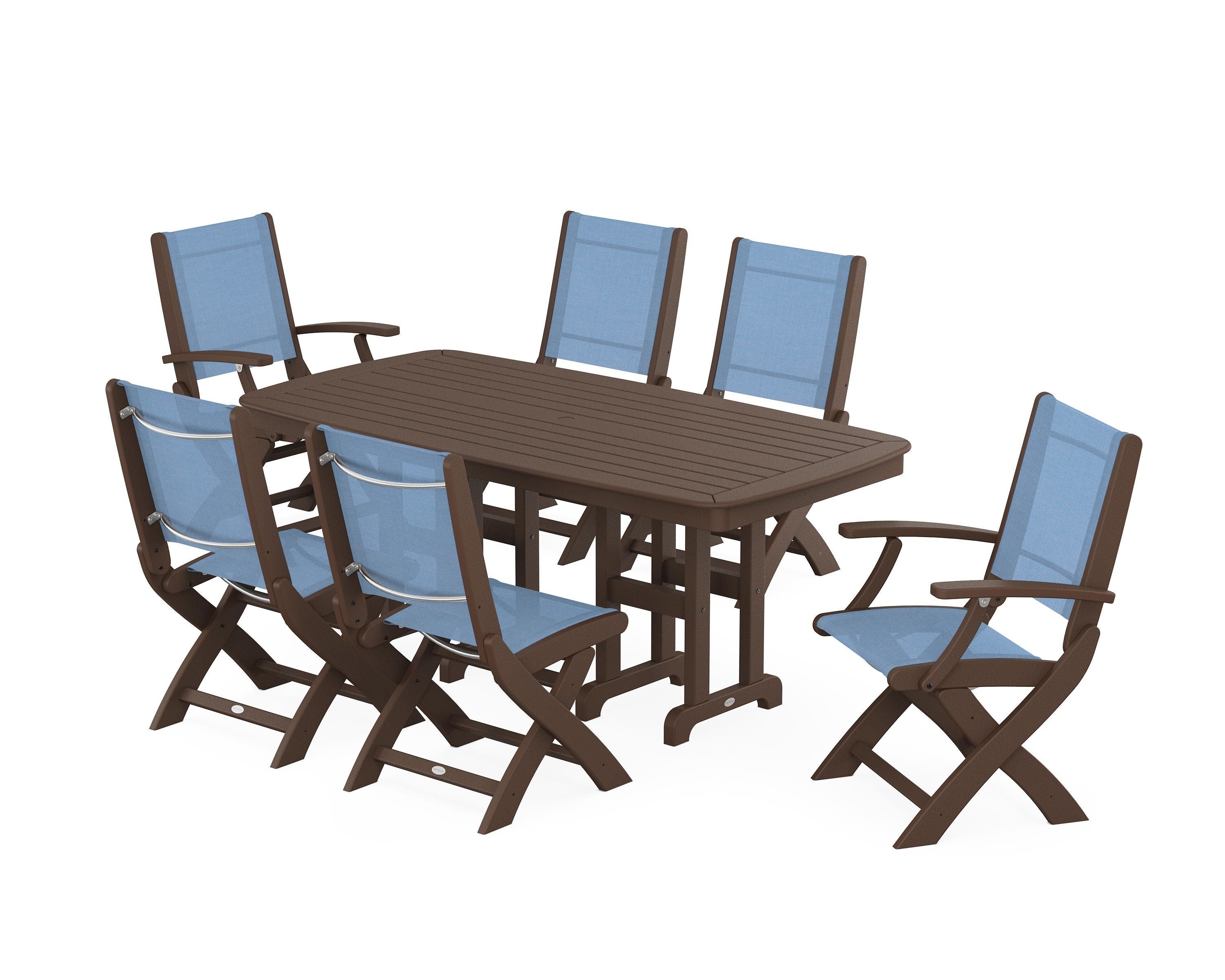 POLYWOOD® Coastal Folding Chair 7-Piece Dining Set in Mahogany / Poolside Sling